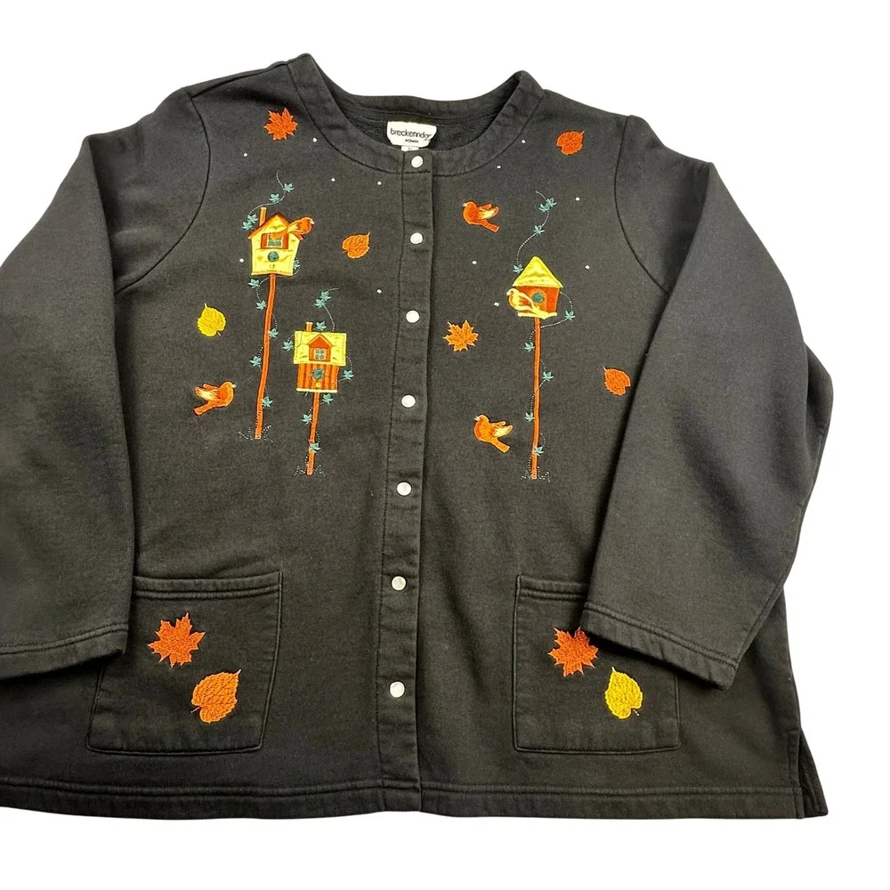 Breckenridge Women's 3X Black Embroidered Birdhouse Leaf Cardigan Sweatshirt - Picture 3 of 15